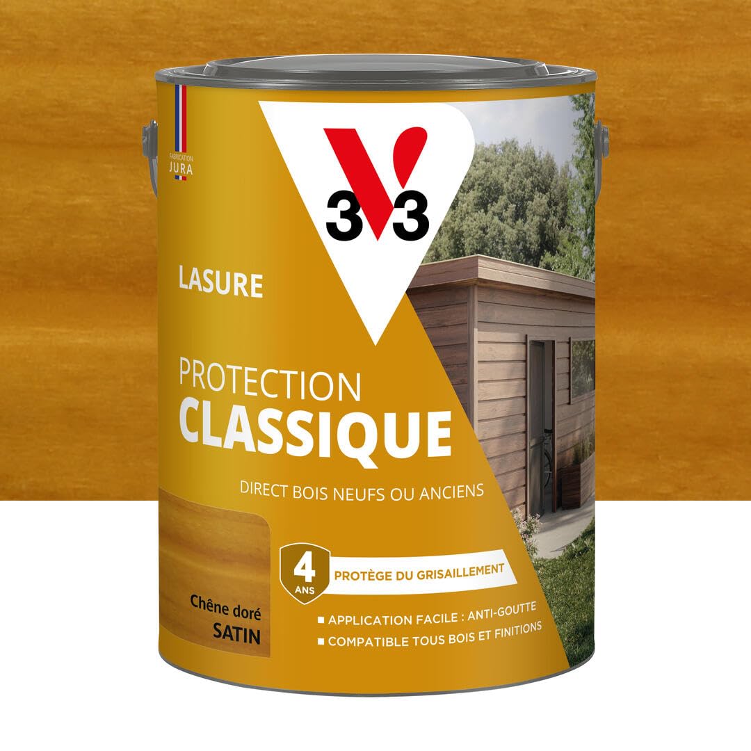V33 Lasure Bois extérieur Chêne doré - Protection Classique 4 ans - Protège du grisaillement - Direct bois neufs ou anciens - Texture anti-goutte - 5L | Protège du grisaillement - Direct bois neufs ou anciens - Texture anti-goutte