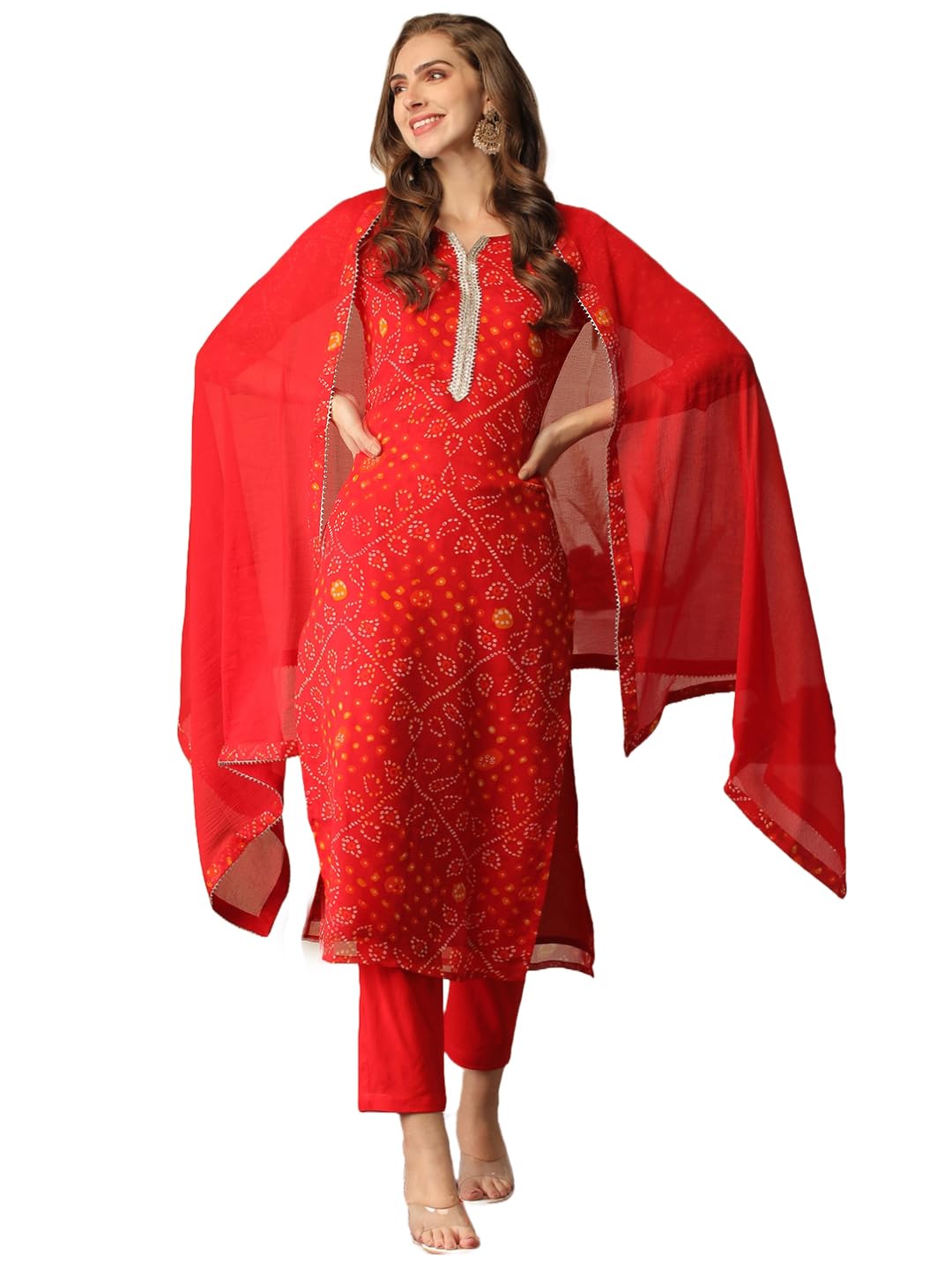 GoSriKiRayon Rayon Straight Bandhej Print Kurta with Trousers and Dupatta