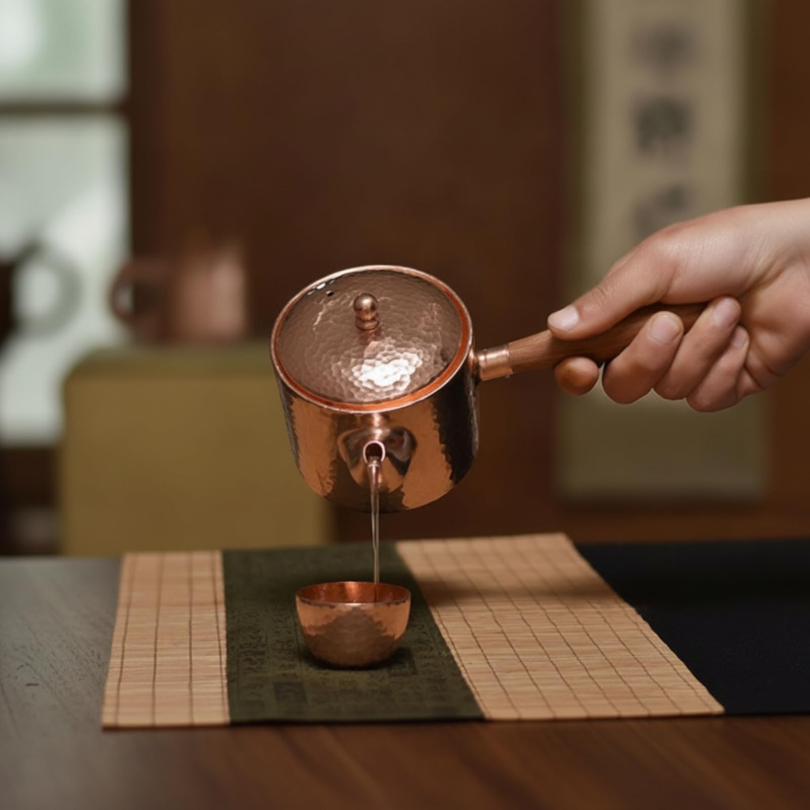 Tetera Cobre Martillado Tetera con Tapa Artesanal Hervidor para Coleccionistas, Aficionados l Té, Cocina, Mango De Madera