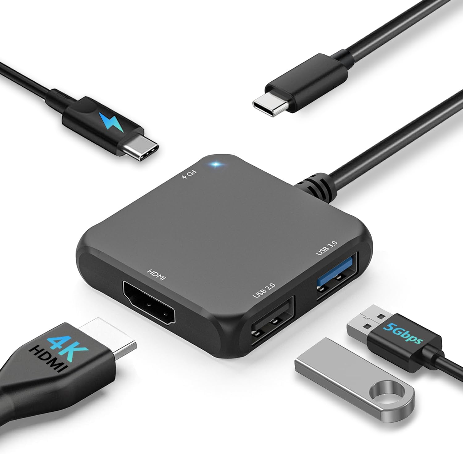 USB C Hub HDMI Adapter, 4-in-1 USB C to HDMI 4K Adapter with PD 100W, USB 3.0 5Gbps for MacBook, iPad Pro, XPS, Surface, TV Dock Station for Switch/Steam Deck Dock