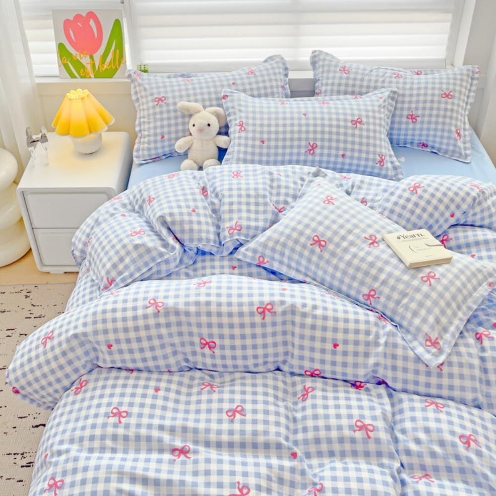 Michorinee Single Duvet Cover Set Blue Plaid with Pink Hearts Print Bedding Kawaii Style Reversible Girls Aesthetic Cute Microfibre Quilt Cover 135x200 cm with Zipper Closure Pillowcase 50x75 cm — image 1