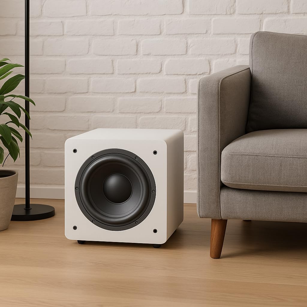 DYNAVOICE Challenger Sub-8 Blanco Mate – Subwoofer Activo 8” 90W RMS (125W Máx.), Recinto Cerrado, Control de Frecuencia | Rejilla Gris Claro y Aislantes de Silicona | Home Cinema y HiFi