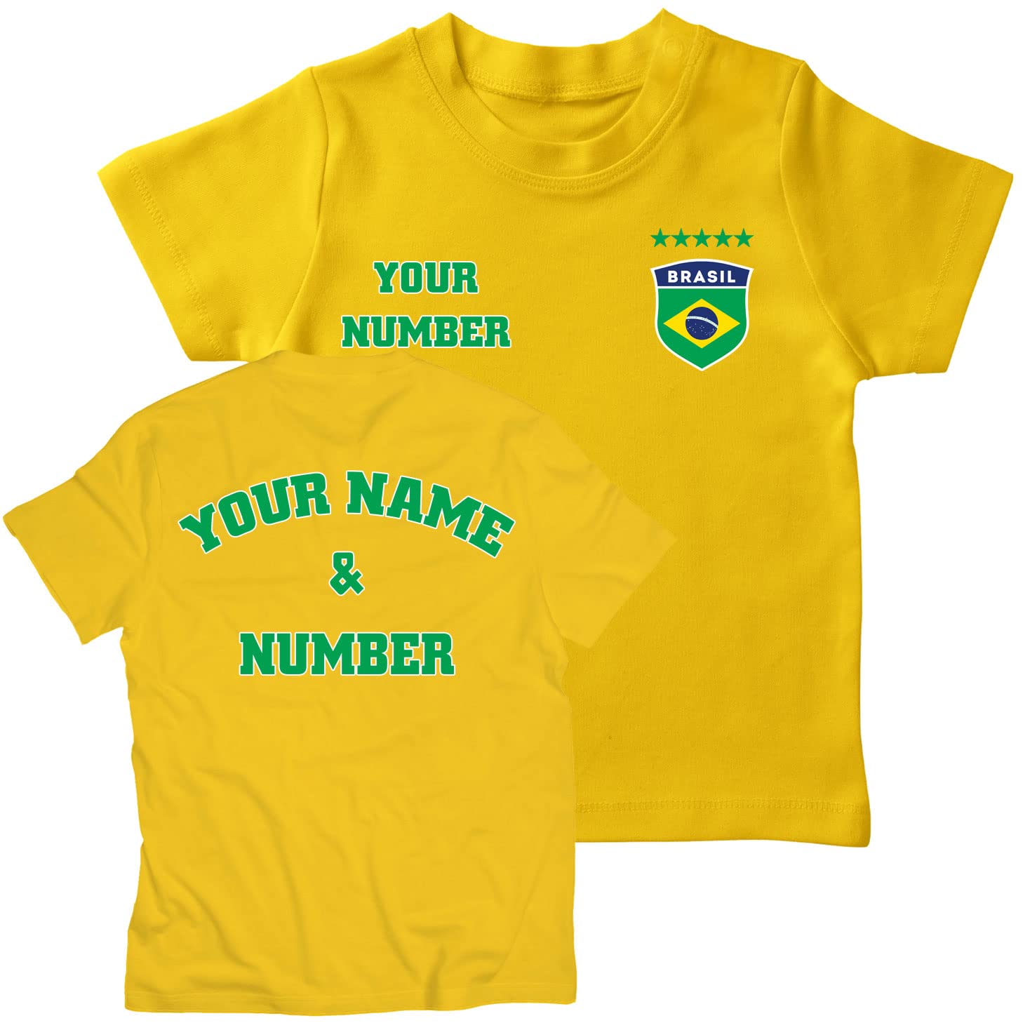 lepni.me Camiseta para Niños de Fútbol de Brasil con Su Nombre y Número | Insignia de Bandera Brasileña Personalizada | Copa del Mundo 2022