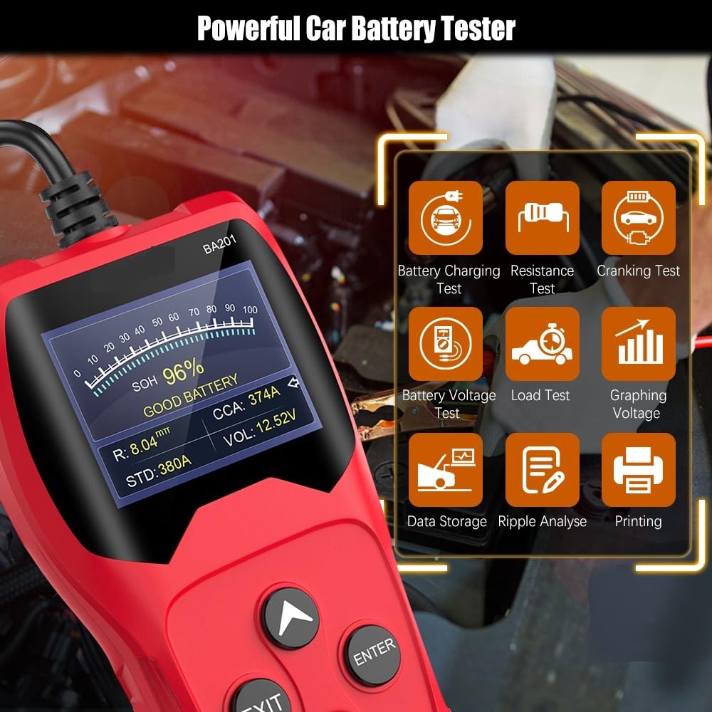 Comprobador de Baterias de Coche, Probador de batería de coche BA201, 12 V, 100-2000 CCA, comprobador de carga y arranque, analizador digital, herramientas de batería