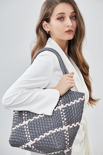 Miniatura 7 de Bolsa tejida para mujer, de piel vegana, grande, de verano, playa, viaje, bolso de mano y bolso de mano retro hecho a mano