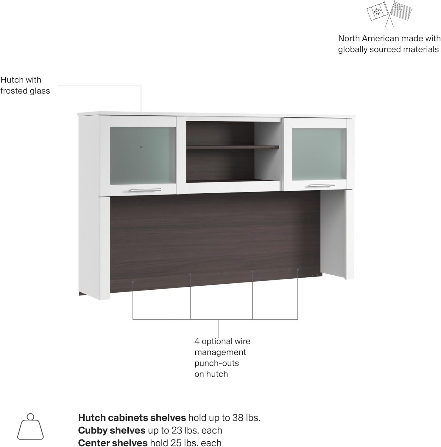 Bush Home 60-Inch Desk Hutch, Office Storage Organizer with Shelves, Cubbies and Frosted Glass Doors for Computer Desk, Home Office Furniture, Somerset Collection, Storm Gray and White