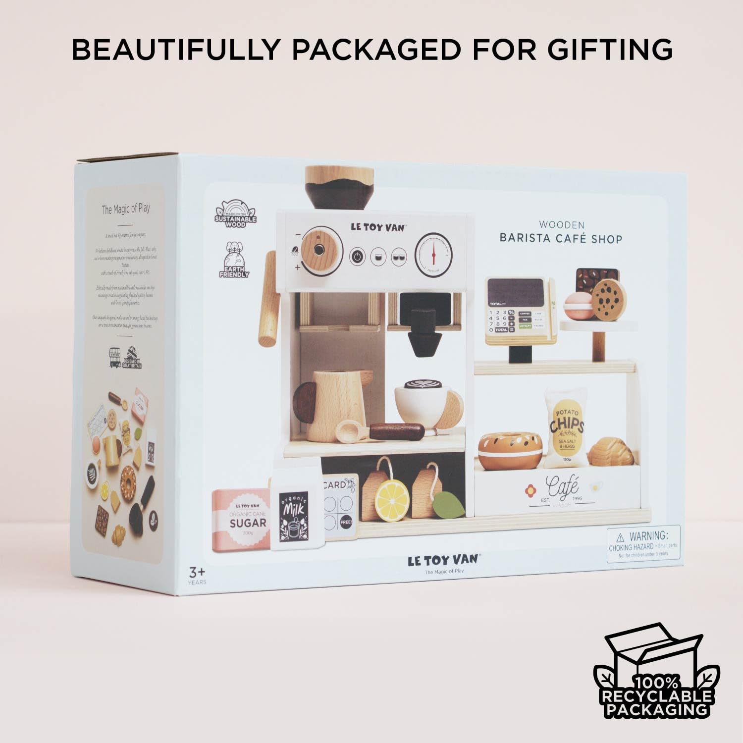 Petit Jour Machine à Café Barista en Bois FSC, Set de Jeu pour Enfants 3+, 40,7 x 15 x 31,5 cm, avec Accessoires de Coffee Shop, Caisse et Gourmandises