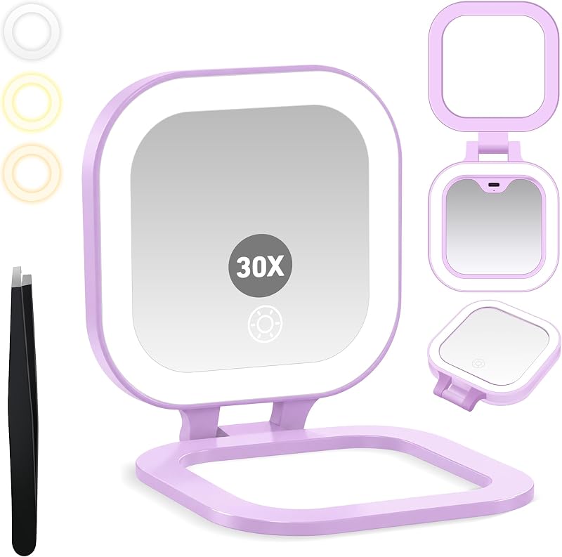 Espelho de viagem GOMIPURU com luz, dupla face 1x/30x, 3 cores e brilho ajustável, roxo