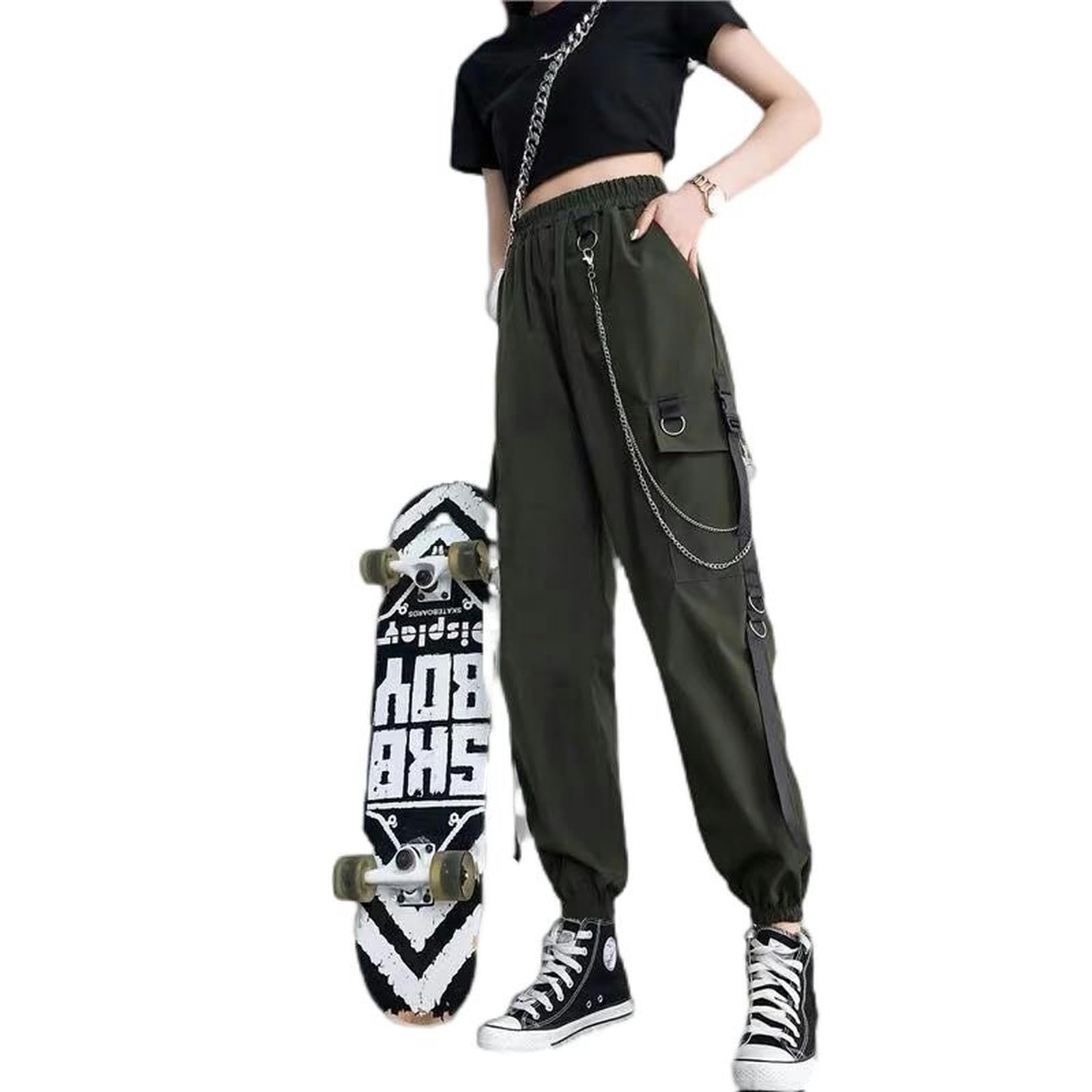 Salopette Nera da Donna, Ampia Tasca, Pantaloni Casual Harem da Studente di Strada-Verde Militare-M