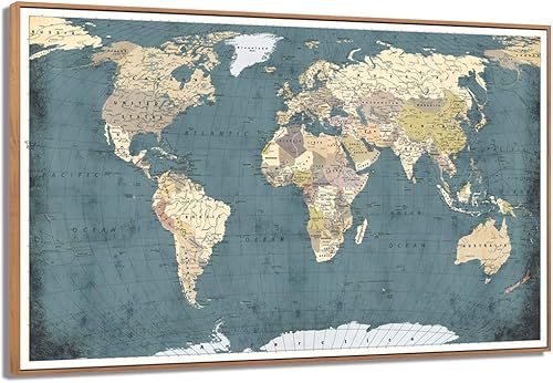 WELMECO Decoración de pared de oficina grande, diseño rústico detallado de mapa del mundo, impresiones en lienzo vintage, mapa de viaje del mundo,