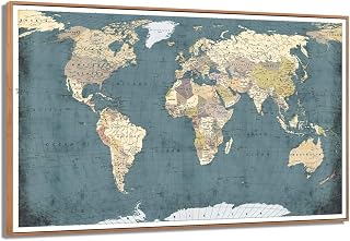 WELMECO Large Office Wall Decoration Rustic Detailed World Map Canvas Prints Vintage Push Pins Travel Map of The World Retro Picture Artwork for Home Office Living Room Decor (01 Retro Nature)