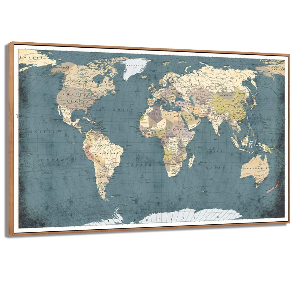 WelmecoLarge Office Wall Decoration Rustic Detailed World Map Canvas Prints Vintage Push Pins Travel Map of The World Retro Picture Artwork for Home Office Living Room Decor (01 Retro Nature)
