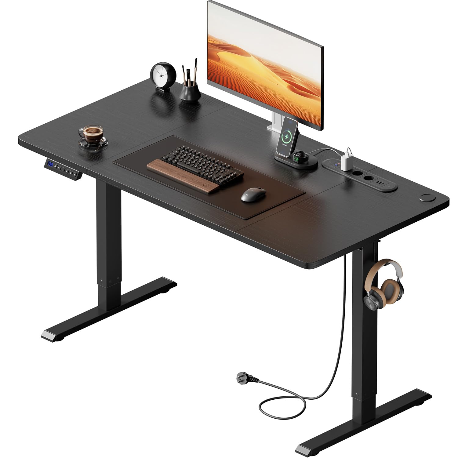 HLFURNIEU Scrivania Regolabile in Altezza, 120 x 60 cm, Scrivania Motorizzata, con Prese, Porte USB, 3 Controlli Memoria, Standing Desk Nero