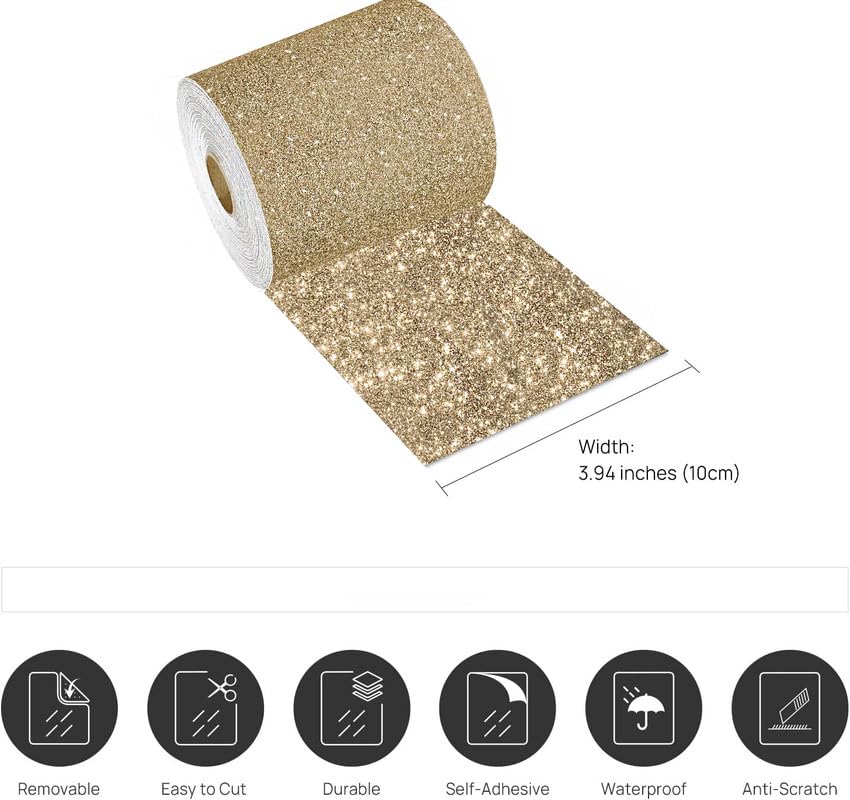 Image of Champagne Golden Glitter Wallpaper Border Peel and Stick Glitter Contact Paper Self Adhesive Removable Sparkle Wallpaper Sticker for Cabinets DIY Crafts Mirror Border 8x180 Inch