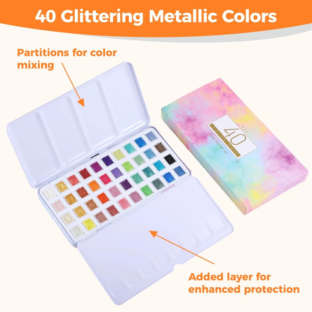 Fournitures artistiques pour artistes, débutants, amateurs, étudiants, kit de peinture aquarelle nacrée, 40 couleurs pailletées dans une boîte en étain, ensemble de peinture aquarelle