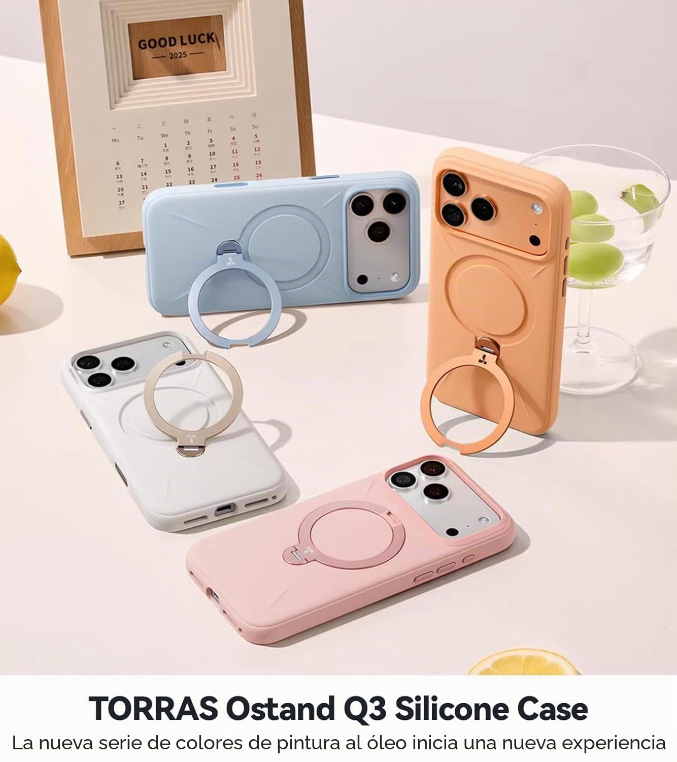 TORRAS Ostand Q3 - Funda de silicona para iPhone 17 Pro (silicona líquida superior) (soporte magnético 360°), protección contra caídas, con protección de botones de cámara, para iPhone 17 Pro, con