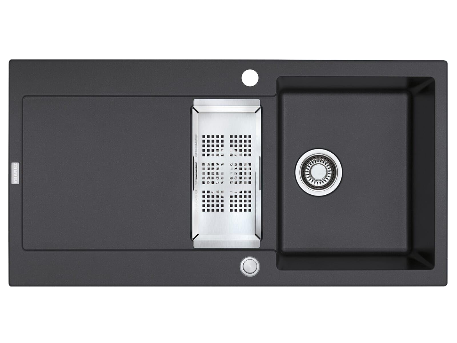 MRG 651, 970x500mm, Siebkorb als Druckknopfventil, mit verdecktem Ueberlauf und Abtropfbecken Edelstahl, reversibel, Onyx