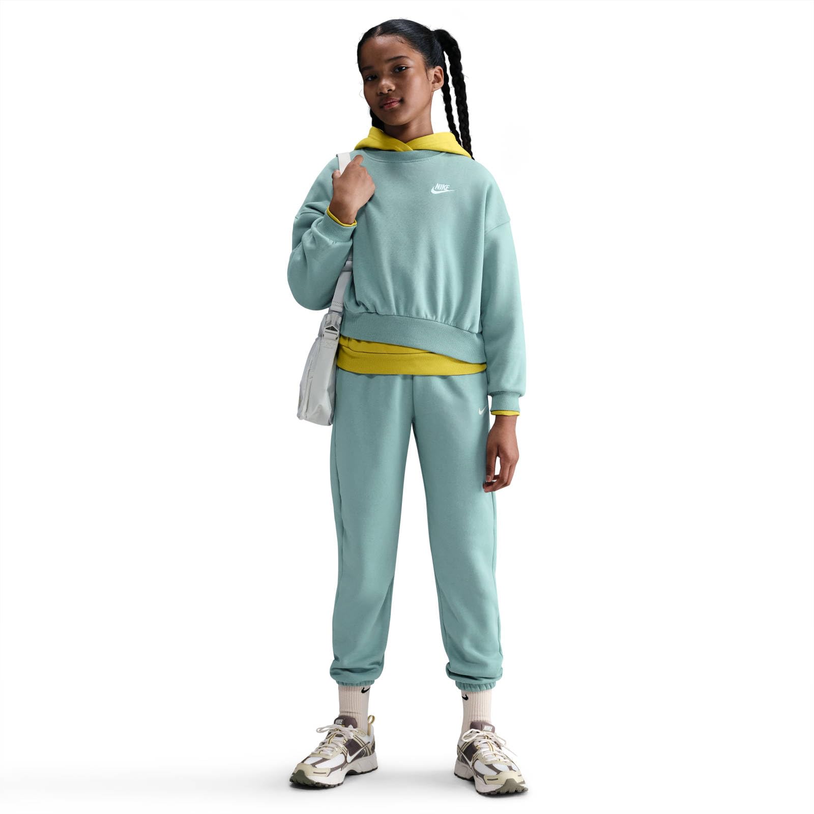 Nike Girls Grey Sportswear Club Fleece Big Kids' (S') Boxy Crewneck Sweatshirt in Size M, Sports Direct