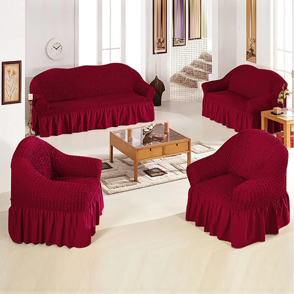 Funda Terciopelo Sillón TOPCHANCES – 2 Piezas, Alta Elasticidad, Lavable A Máquina, Rojo Oscuro, Protector Para Comedor Y Salón