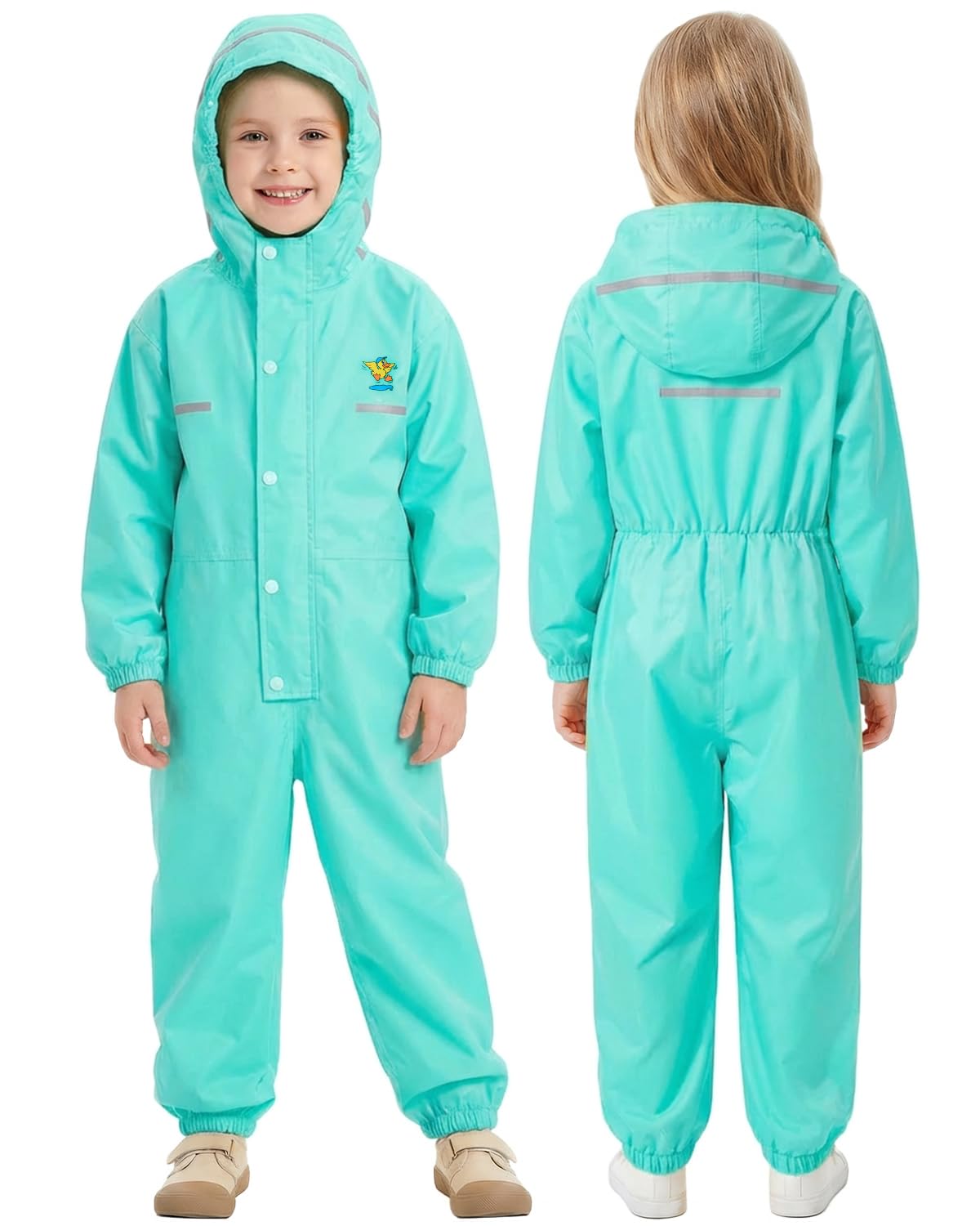 JiAmy Combinaison imperméable pour fille et enfant, imperméable à l'eau pour fille avec capuche et rayures réfléchissantes, vêtements de pluie pour l'école et le jeu vert pour 10-12 ans