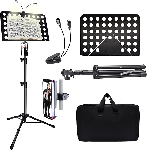 Sheet Music Stand with Light and Phone Stand, 57 Inch High Stability Sheet Music Stand, Height Adjustable Sheet Music Stand with Carrying Bag, Portable Stand