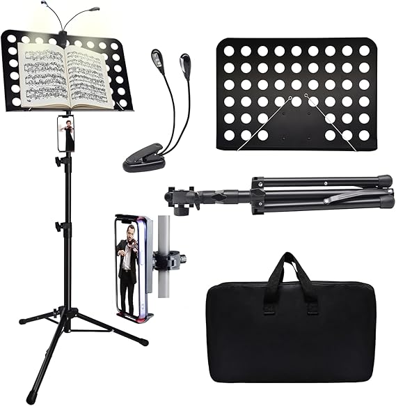 Sheet Music Stand with Light & Phone Holder, 57" Music Stand for Sheet Music High Stability, Height Adjustable Music Sheet Stand with Carrying Bag, Portable Music Book Holder (33-57inch)