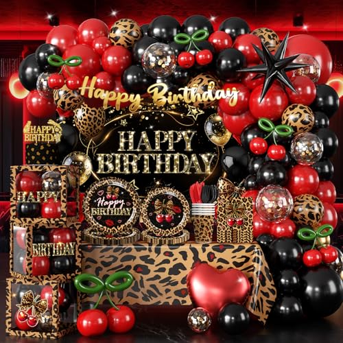 Cocomigo 258pcs Cheetah Print Birthday Decorations, One-stop Set for 25 People, Includes 350gsm Plates Pre‑threaded Banner Backdrop and Tablecloths, Cheetah and Cherry Birthday Decorations f