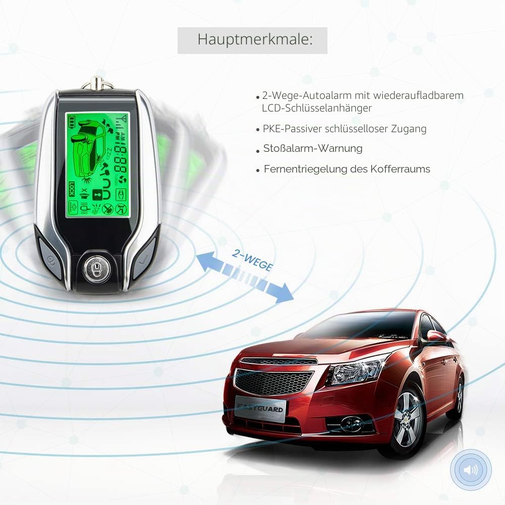 EASYGUARD 2-Wege-Autoalarmanlage EC204 mit PKE-Passiv-Keyless-Eingang, wiederaufladbarem LCD-Pager-Display & Stoßwarnung DC12V