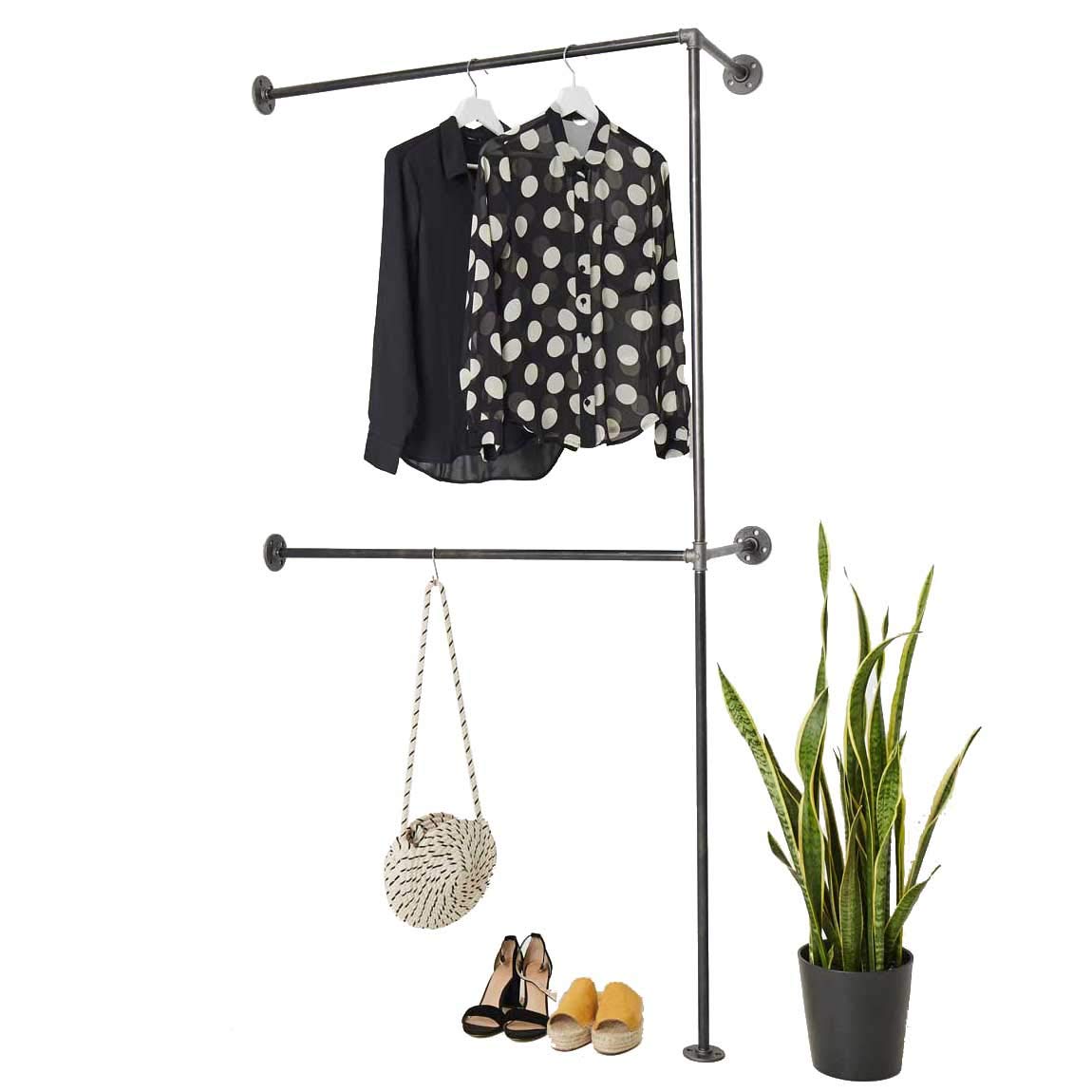Various garderoba w rogach - różne rozmiary, np. 120 x 220 cm - Industrial Design drążek na ubrania podwójny do kurtek - lewa lub prawa - czarny, metal