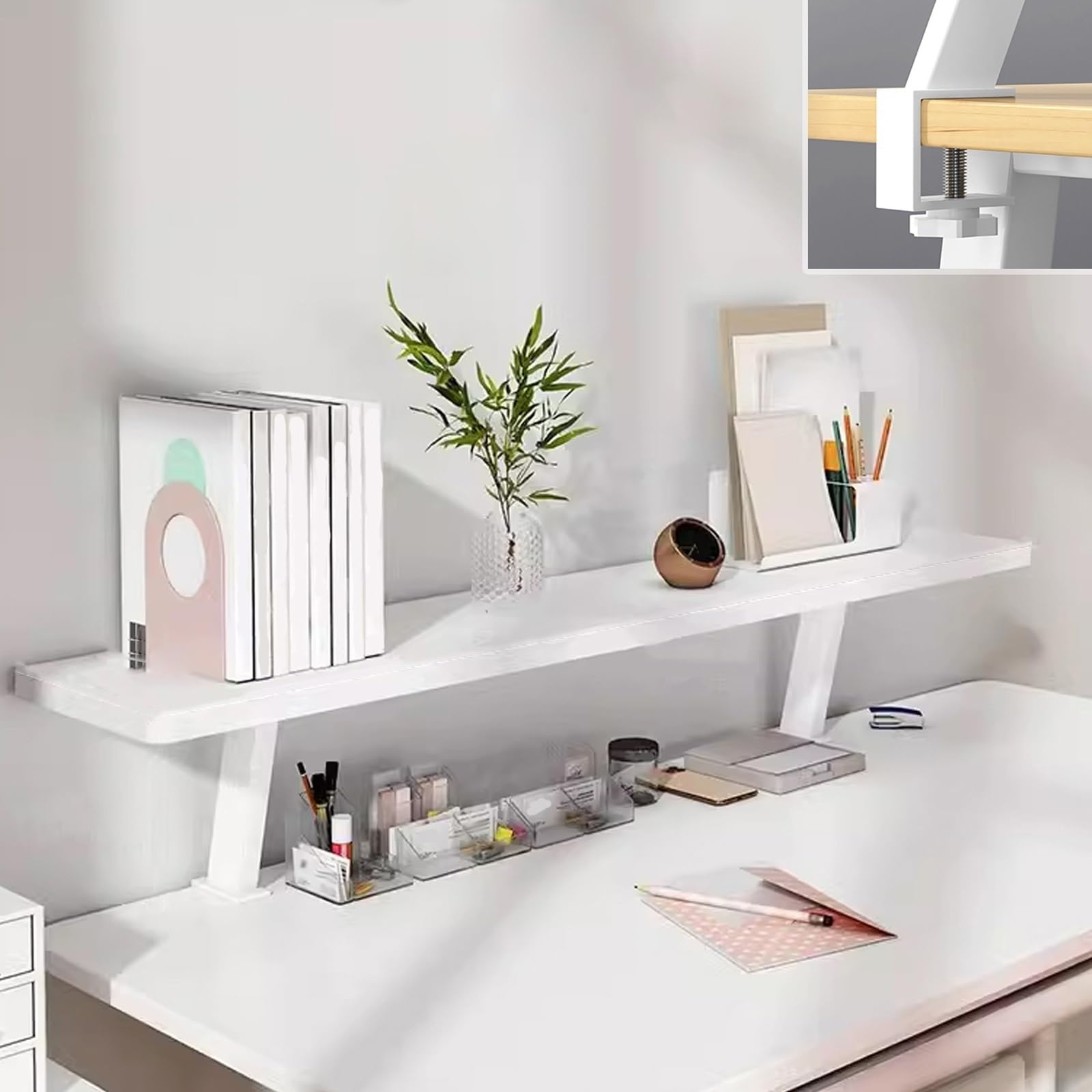 Yqyc Clamp on Desk Organizer Shelf, Raised Desktop Organizer, Elevated Workstation Accessory Platform, for Table Accessories(Color:Bianco,Size:L-40cm)