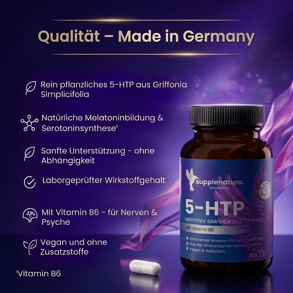 5 HTP (Serotonin) 180 Kapseln á 500mg | 100% PFLANZLICHES Griffonia | 6 Monatsvorrat | Laborgeprüft & in DE Produziert | 5HTP von SUPPLENATURA®