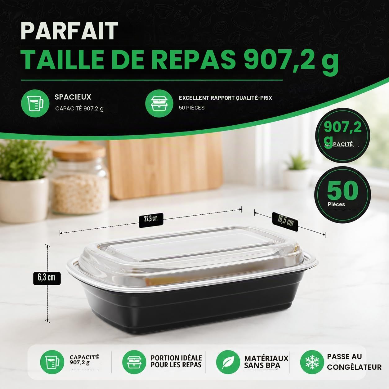 WUHUIXOZ Lot de 50 boîtes à repas de 946 ml avec couvercles, boîtes à bento jetables en plastique réutilisables, sans BPA, passent au micro-ondes, au lave-vaisselle et au congélateur