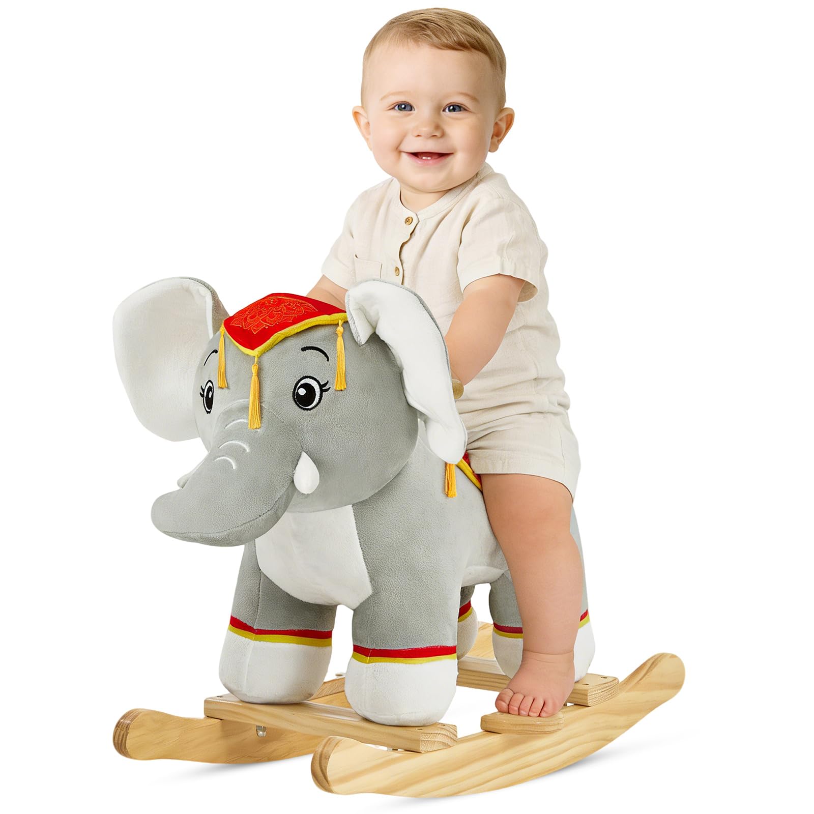 FUNLIO Thai Elephant Baby Rocking Horse for Toddlers 1-3 Years, Cute & Graceful Gray Elephant Rocker for Baby, Stuffed Plush Ride-on Rocking Animal, Easy to Assemble, CPC & CE Certified
