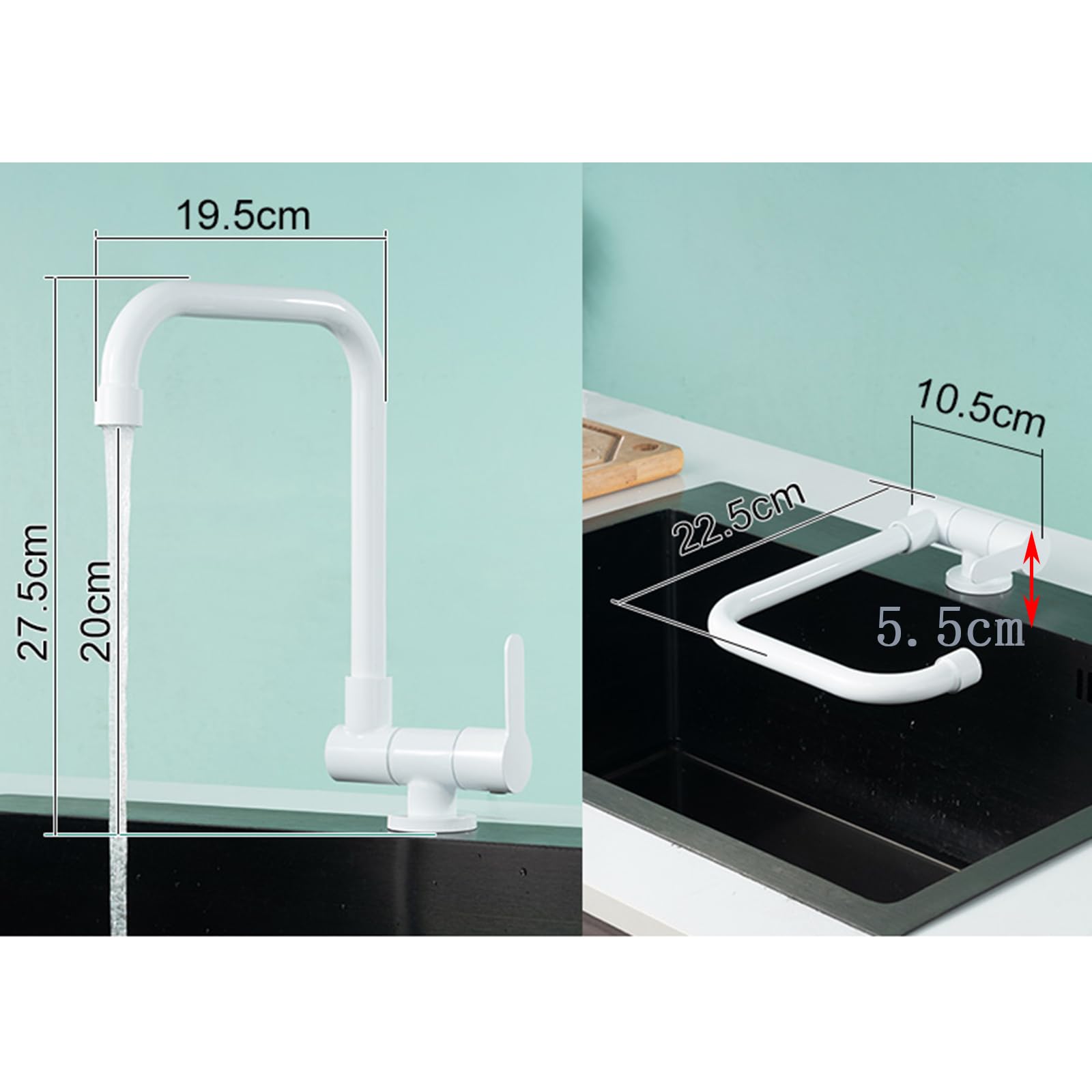 Grifo Cocina Blanco Abatible Grifo de Cocina para Ventana Agua Fria Giratorio de 360° Grifo Fregadero Cocina Acero Inoxidable-Blanco