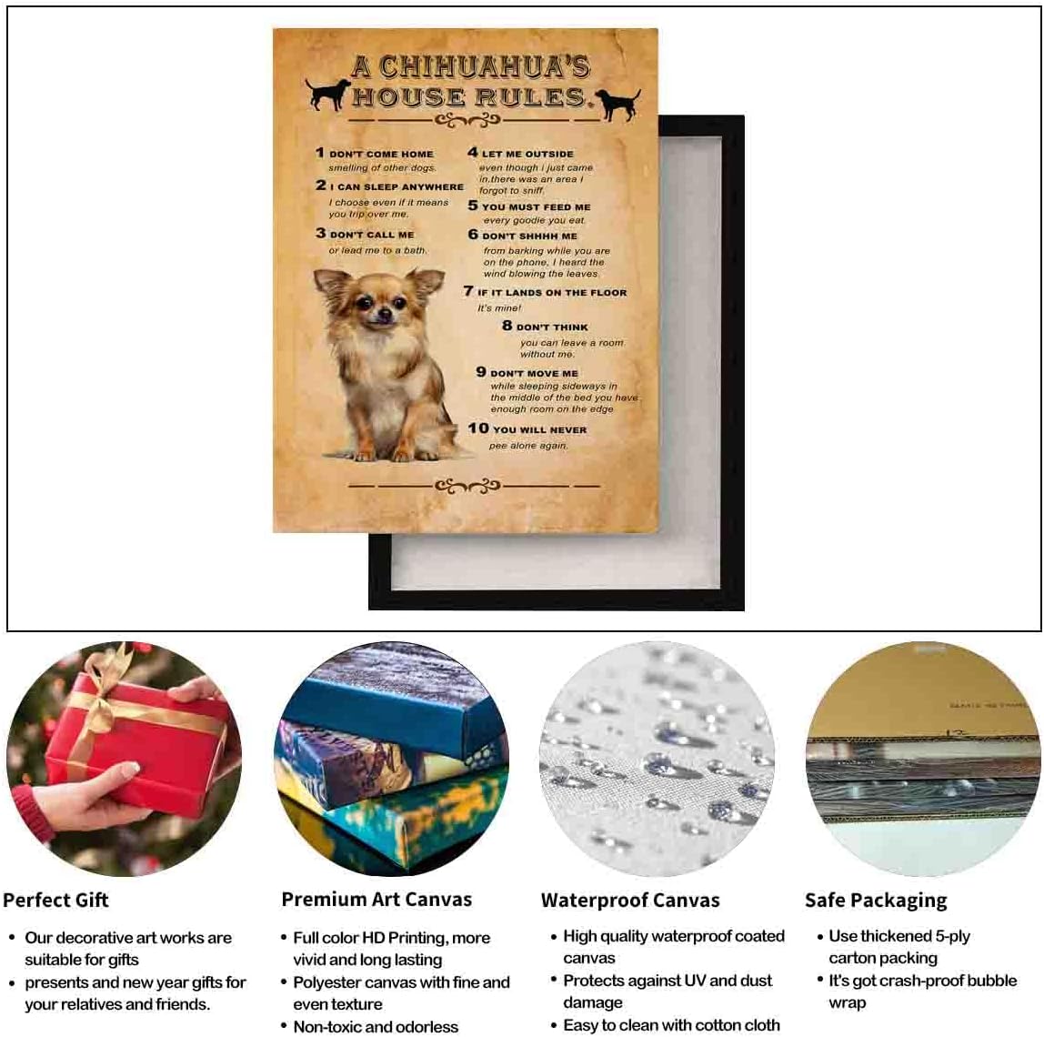 STRRAW The chihuahua's house rules,Chihuahua Wall Art House Rules Poster Vintage Canvas Animal Wall Art For Bedroom Decorations for Dog Lover Wall Art Decoration Plaque Poster,16"x20" with frame