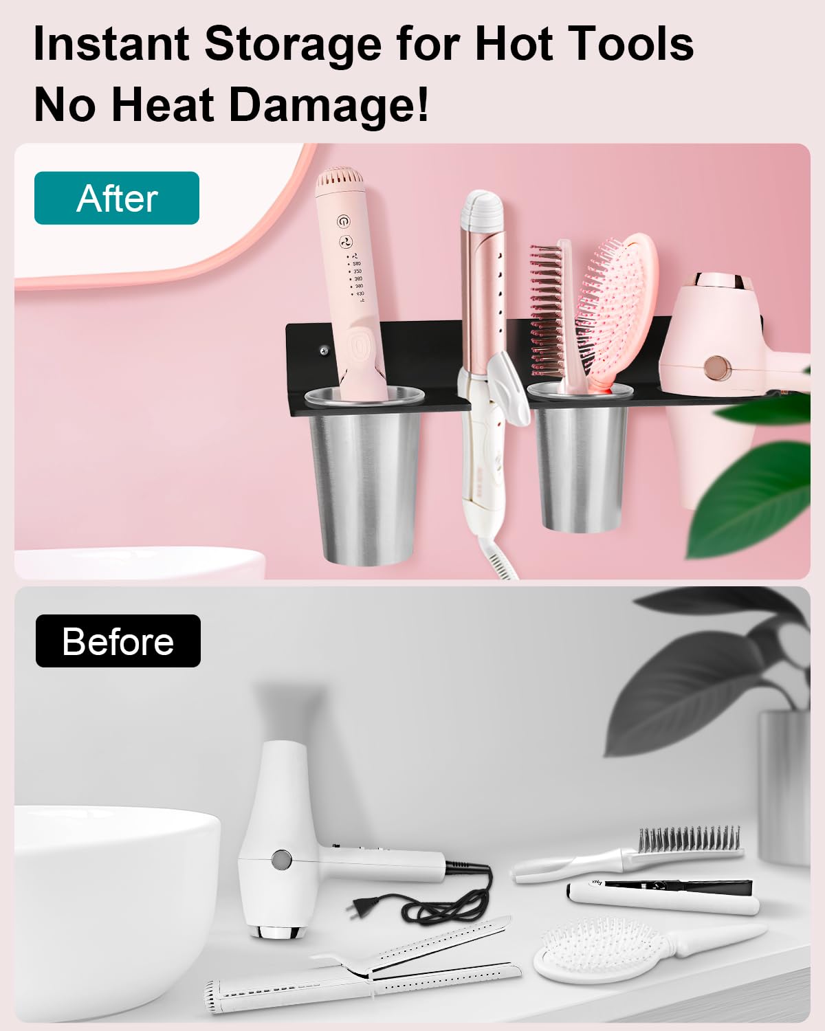 Organizzatore per strumenti per capelli, porta asciugacapelli con tazze in acciaio resistenti al calore, organizzatore acrilico per bigodini, ferri da stiro e spazzola per capelli, perfetto per il