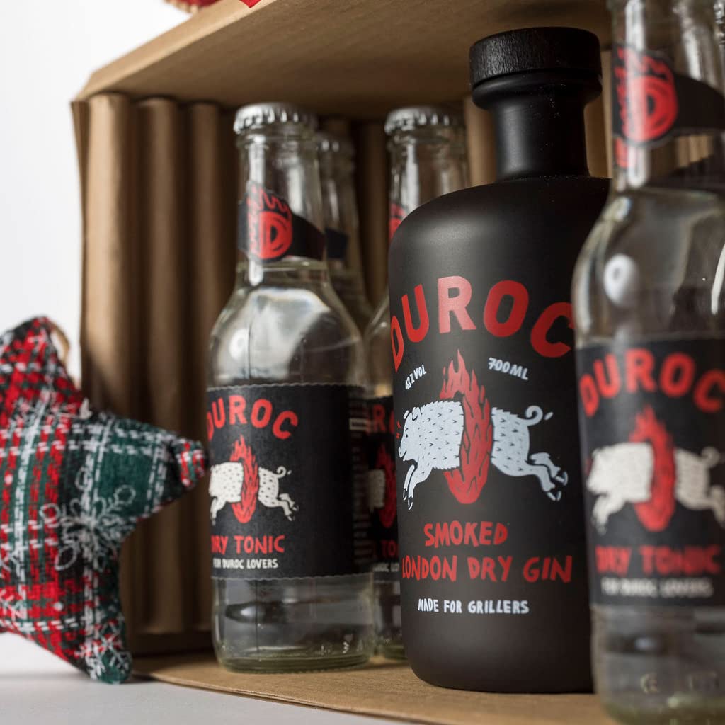 Duroc, Christmas Box Gin, Scatola Regalo per Natale Ottima come Idea Regalo, Combo Gin da 700ml 43% Vol e Toniche + Selezione di 4 Miscele di Spezie Bbq King, Made for Grillers