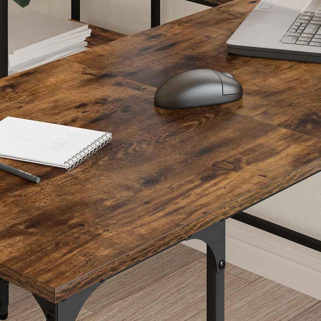 Scrivania in legno di rovere affumicato, 139 x 139 x 75 cm, con ripiano e vano portaoggetti, scrivania angolare a forma di L, per ufficio, casa, ergonomica, con telaio in metallo, gambe