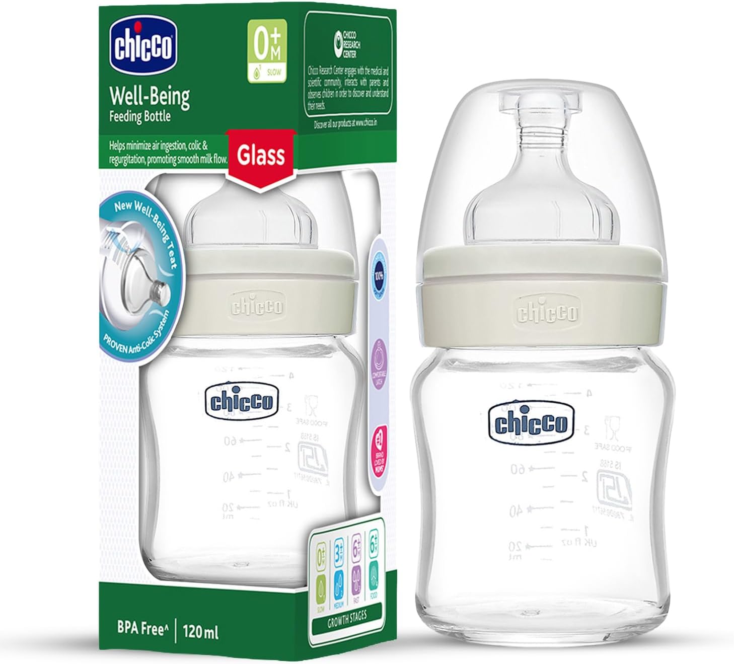 Chicco Wellbeing Glass Feeding Bottles 120ml (Neutral) I Premium Borosilicate I Proven Anti-Colic System I 100% Silicone I Food Grade I BPA Free I New Born I Slow Flow | 0+ Months