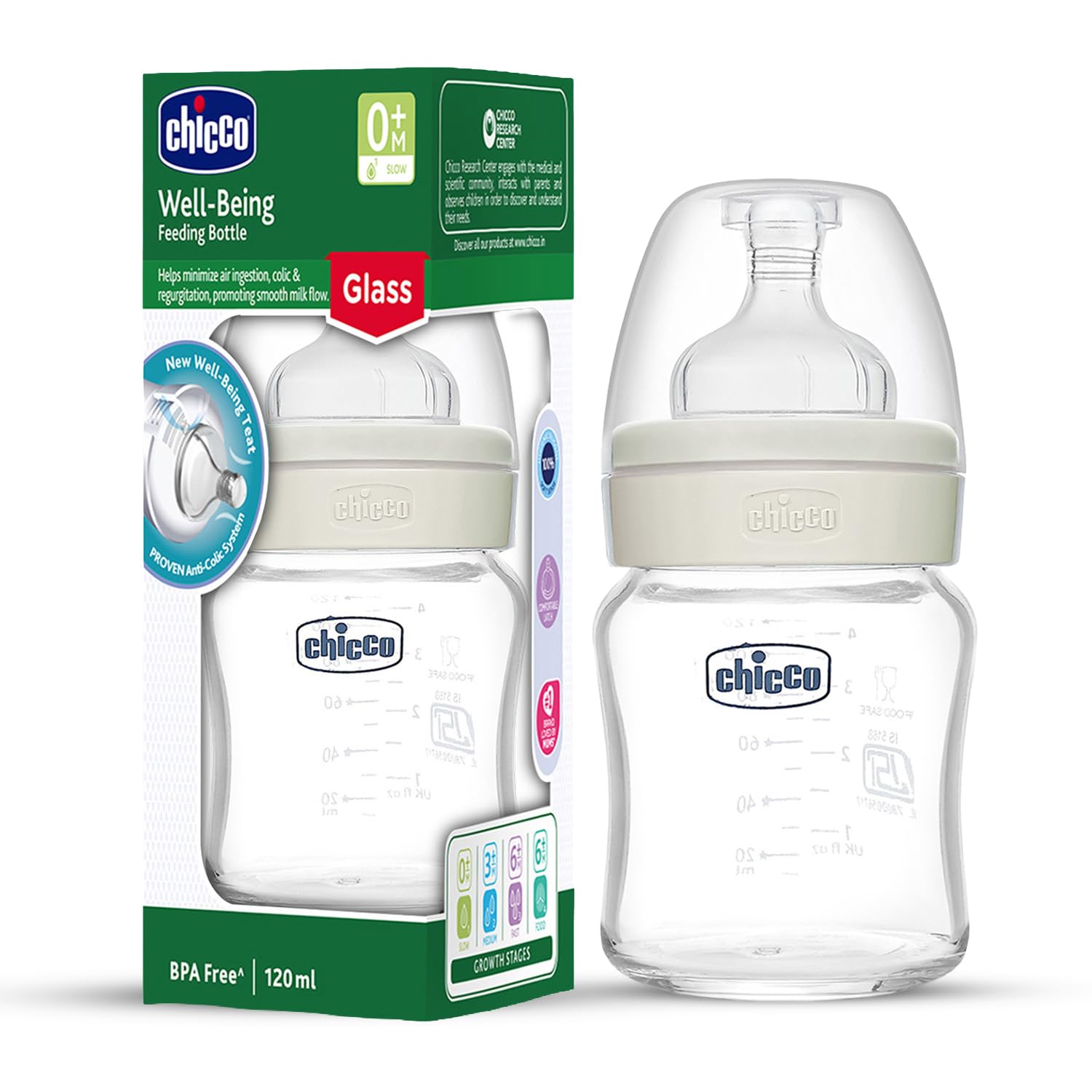 Chicco Well-Being Glass Feeding Bottle for Babies (120ml,Slow Flow) |Premium Borosilicate Glass for High Durability |Elongated Teat for Correct Latch |Comes with Anti-Spill Cap | BPA Free (Neutral)-image-45