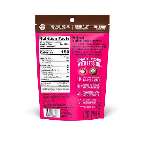 SKINNYDIPPED Dark Chocolate Raspberry Covered Almonds, 3.5 Ounce Resealable Bag, 10 Count 3
