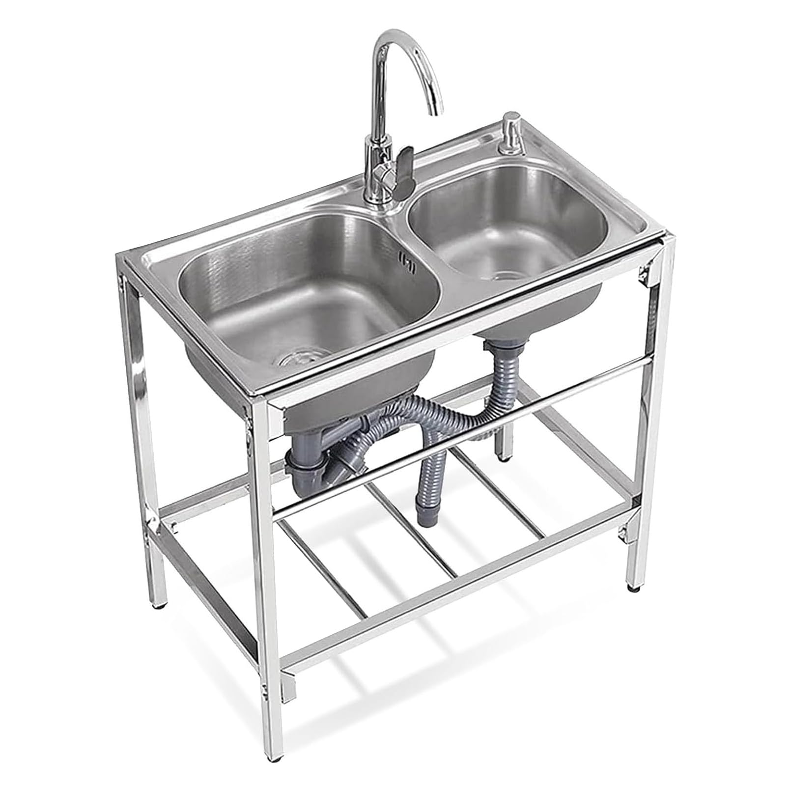 LMYSXAOZ Commercial Sink, 2 Compartment Kitchen Sinks, Stainless Steel Restaurant Prep and Utility Sink with 360 Degree Rotation Faucet (Silver, Size : 80x43x75cm)