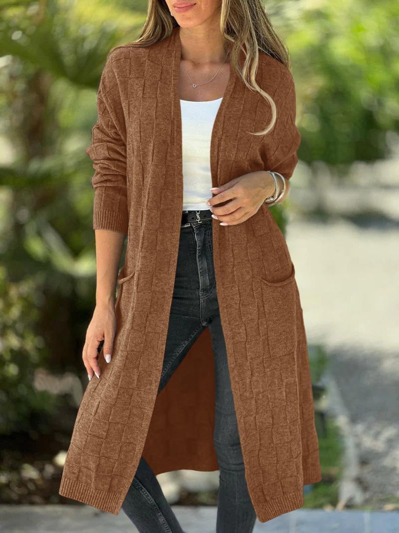 Saodimallsu Womens Long Cardigan Sweaters 2025 Oversized Open Front Checkerked Sweater Trendy Knit Jacket with Pockets - Image 3