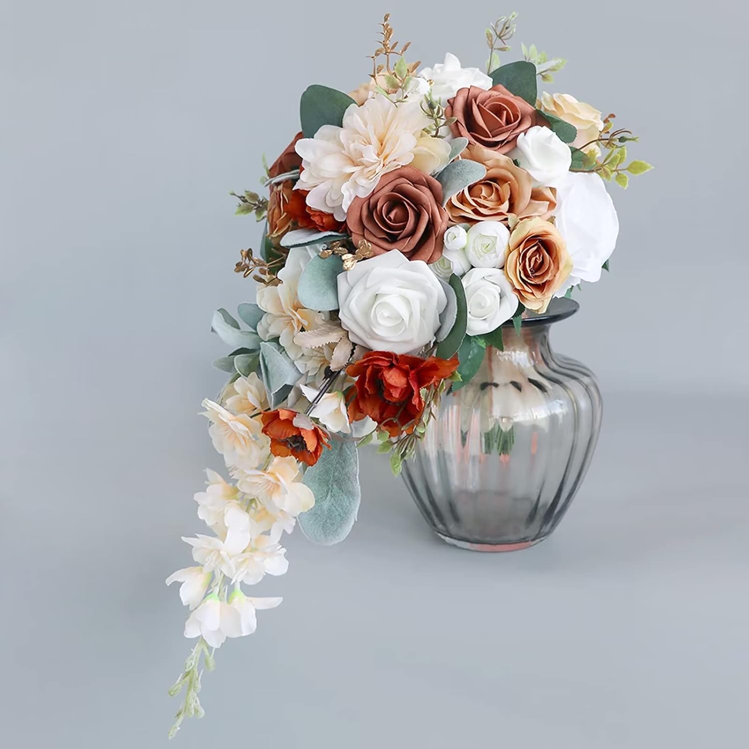 Emivery Burnt Orange Artificial Bridal Bouquet for Wedding, Rustic Cascading Wedding Bouquet for Wedding Ceremony Anniversary, Bridal Shower, Party, Prom