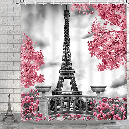 Claswcalor Paris Eiffel Tower Shower Curtain, Pink And Grey Shower Curtains For Bathroom Decor, Art Romantic Landscape Shower Curtains With 12 Hooks, Waterproof Fabric Bathroom Curtain For Women #TOP1