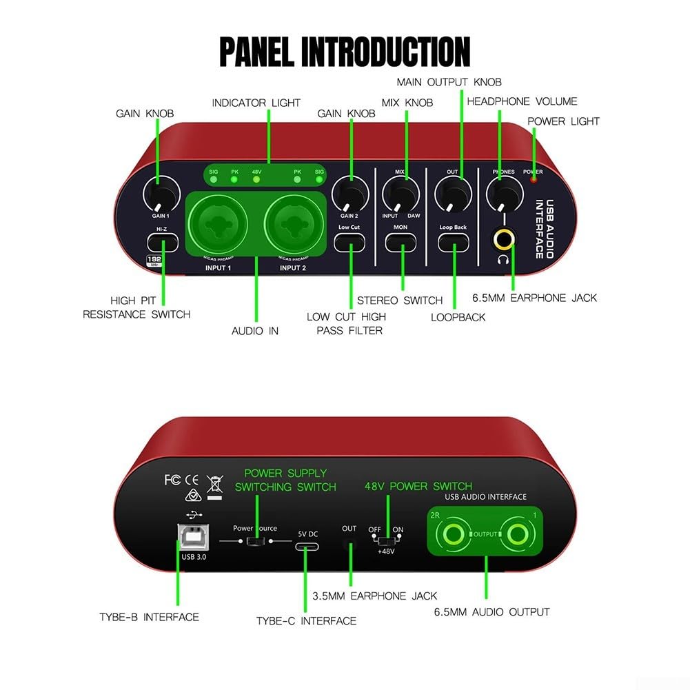 Interfaccia audio USB 24 bit 192 kHz con funzione loopback per podcasting e streaming, scheda audio esterna compatta per registrazione in studio, rosso