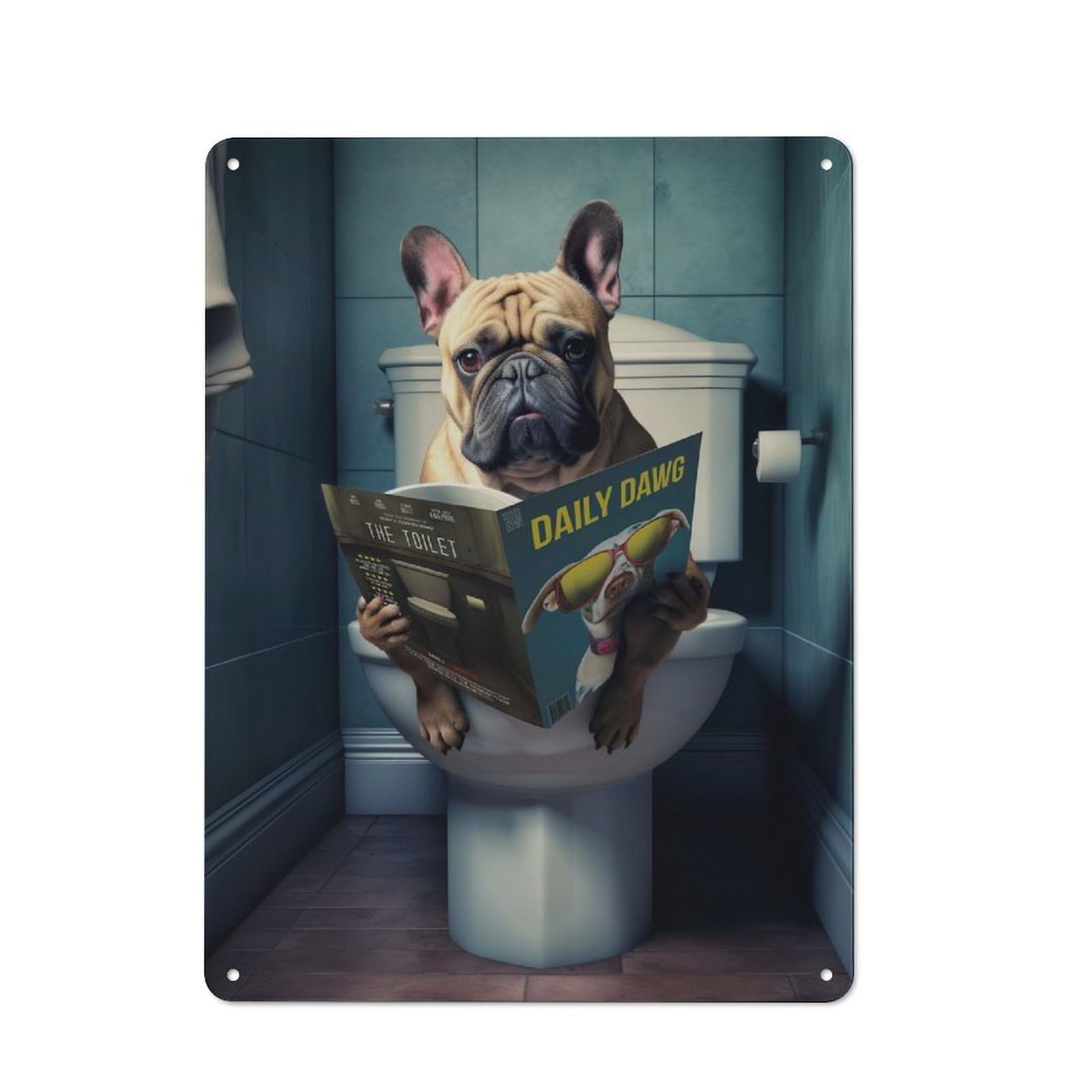 Junmoney French Bulldog In Bathroom Retro Metal Wall Decor 40X30cm, Tin Wall Sign For Bakery, Diner, Cafe Or Family Room