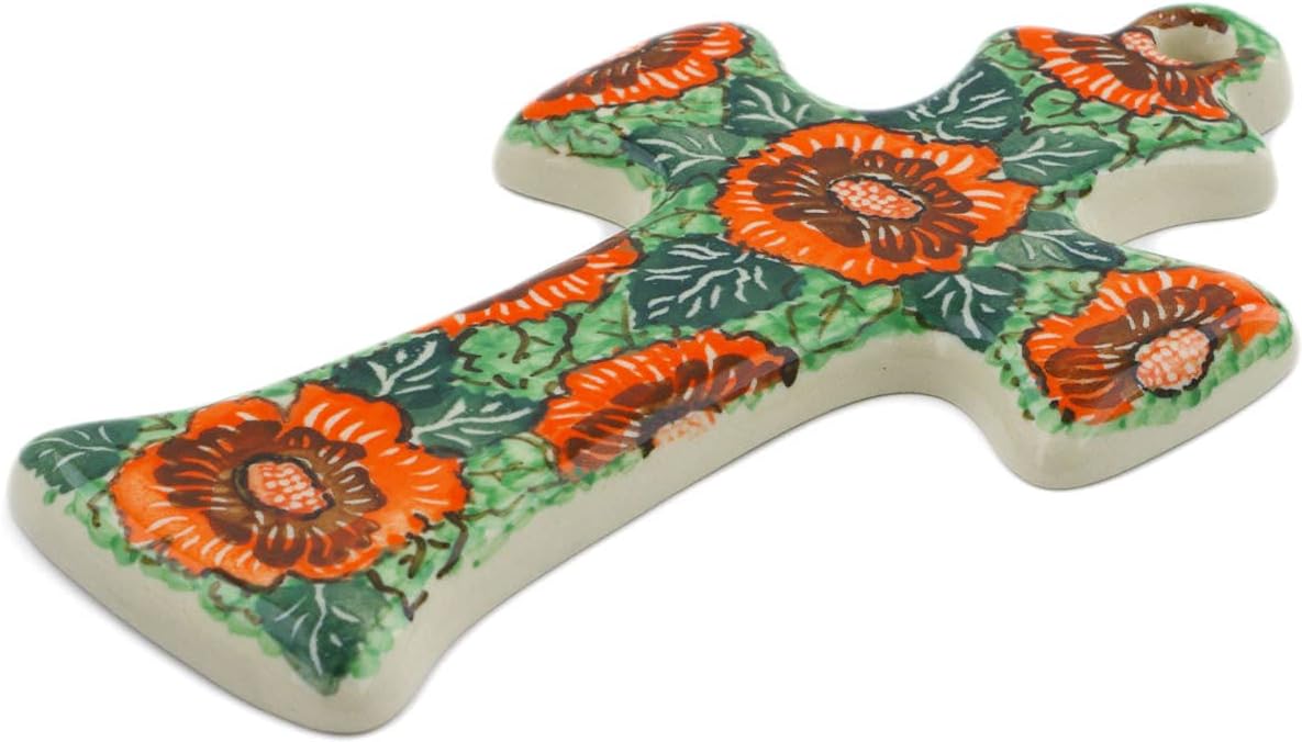 Polmedia Polish Pottery Cross UNIKAT - Bold Red Sunflower Pattern Handmade in Boleslawiec Poland by Ceramika Artystyczna + Certificate of Authenticity