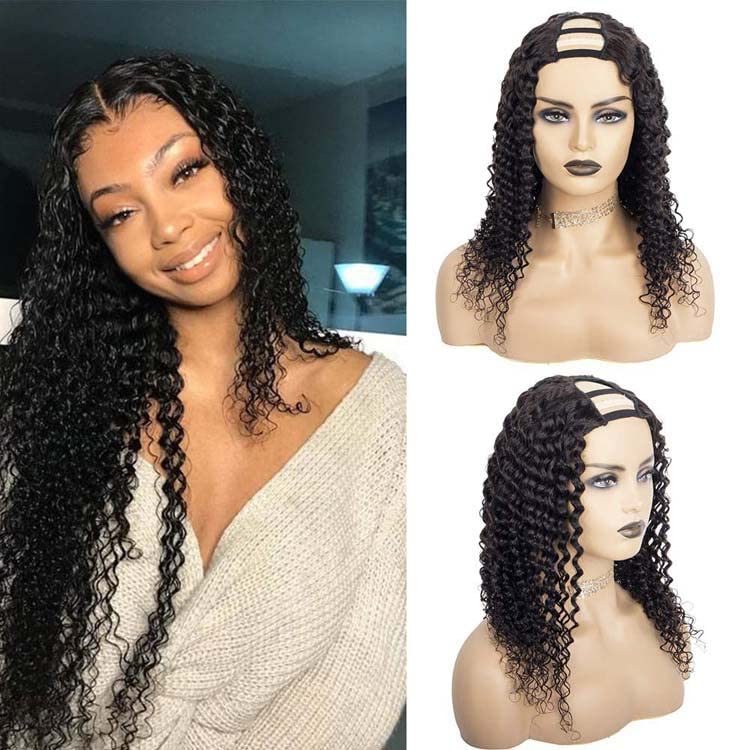 U Part Wig Human Hair Wigs Deep Wave Half Wigs for Black Women Brazilian Hair Gluessless Wigs 10 inches Natual Colour