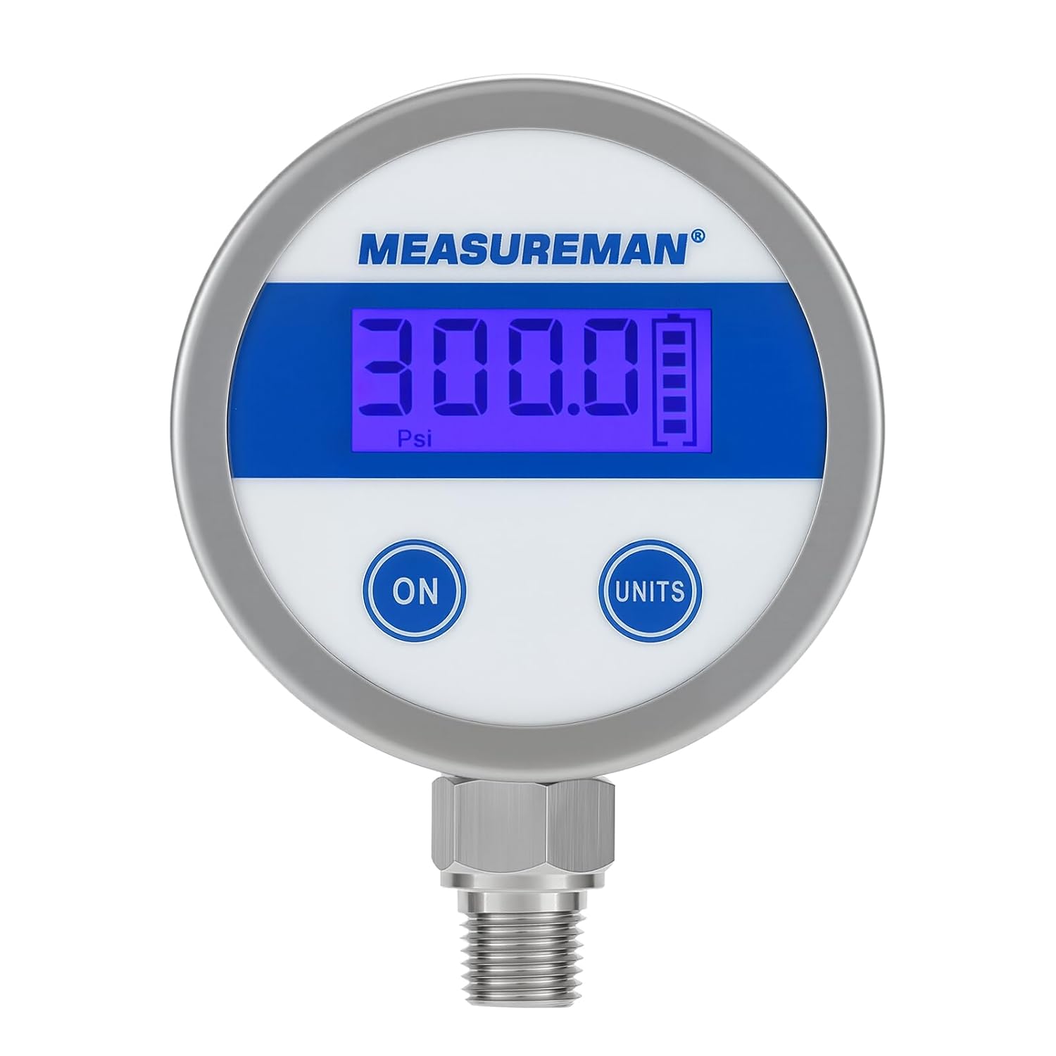 MEASUREMAN Economy Digital Pressure Gauge 2.5" Blue Backlit LCD, 0-300 PSI All Stainless Steel Case 1/4" NPT Connection 1% Accuracy